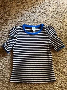 Maeve Navy & White Striped Puff-Sleeve Tee with Bright Blue Trim